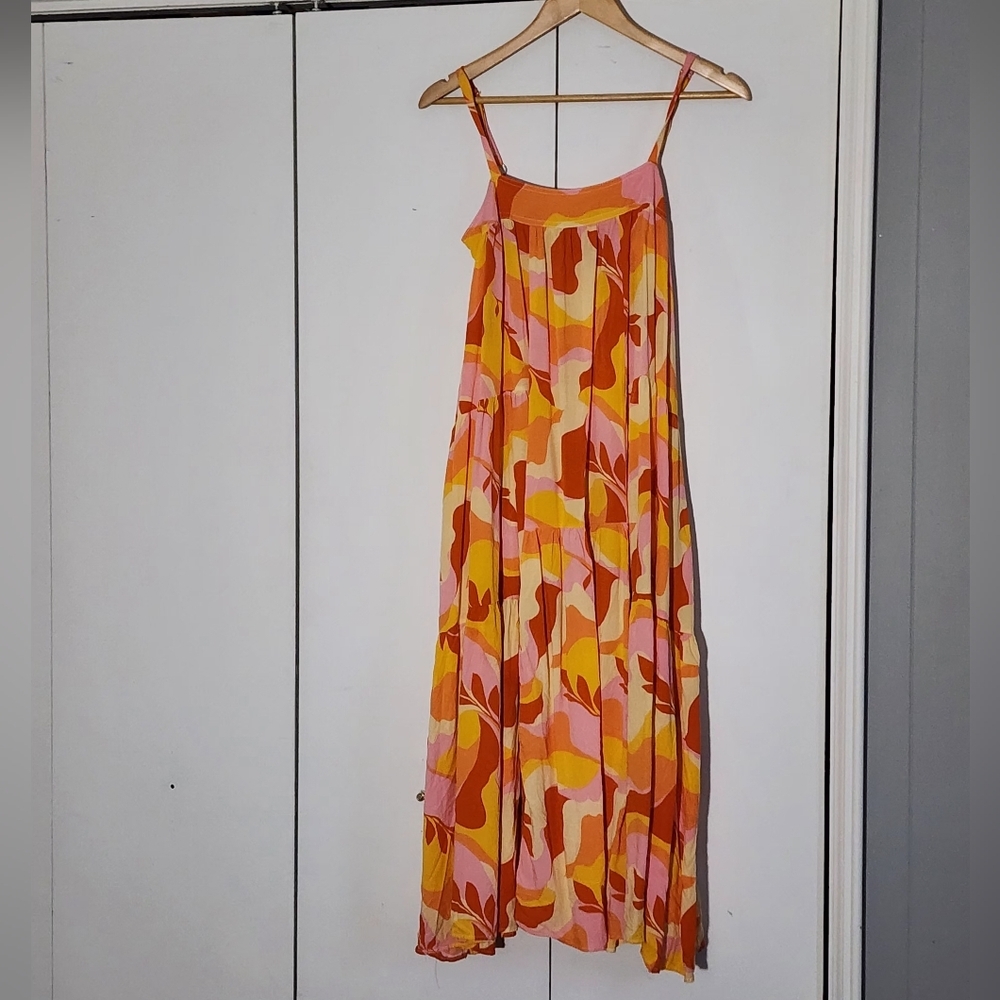 Summer Abstract Floral Pink & Orange Maxi Dress with Spaghetti Straps